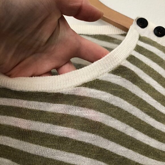 LAFAYETTE 148 NEW YORK Green Cream Ivory Striped LINEN Blend Lightweight Sweater - Picture 4 of 5